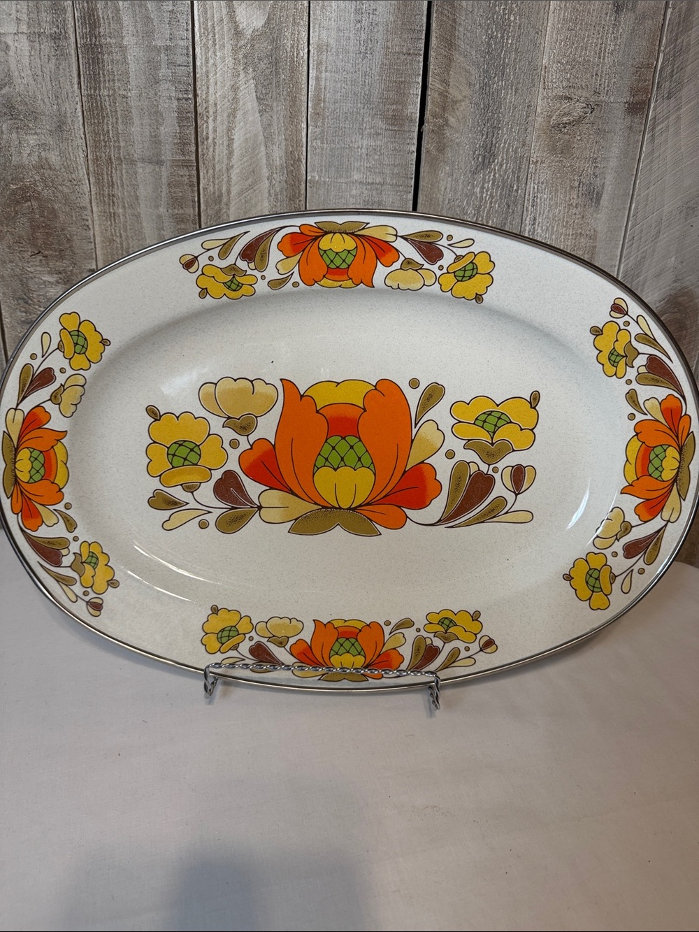 Vintage 70’s Sanko Ware Porcelian Enamel Over Steel Oval Serving Platter